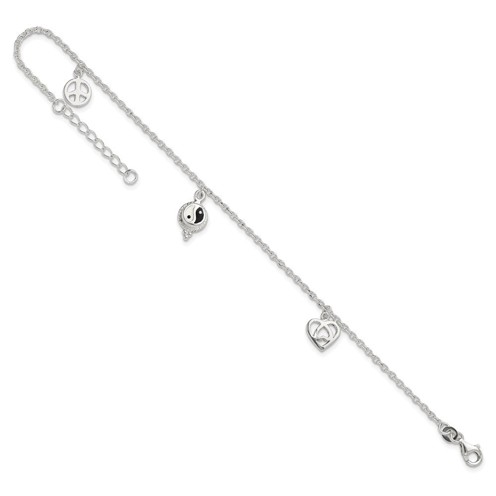 Sterling Silver Polished Hearts and Peace Sign 8in Plus 1in Ext Anklet 9 inches