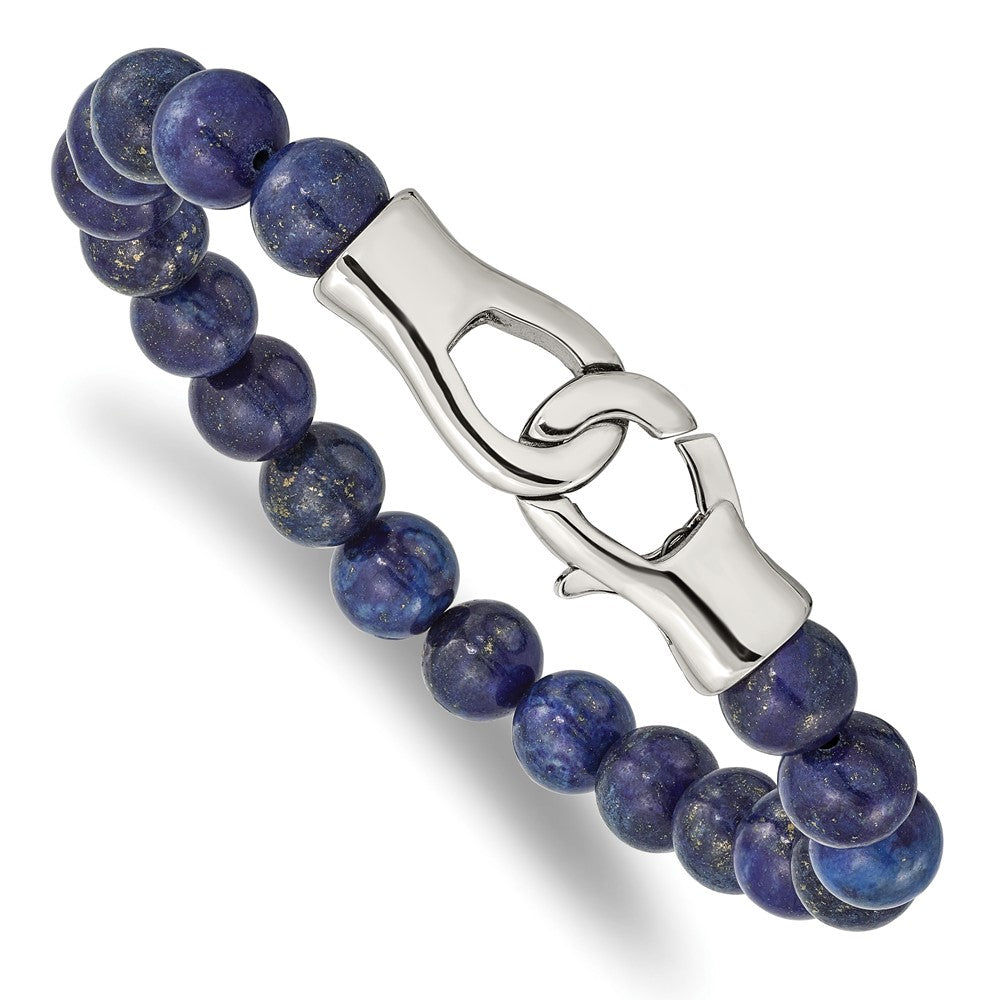 Stainless Steel Polished Genuine Lapis Beaded 9in Bracelet 9 inches