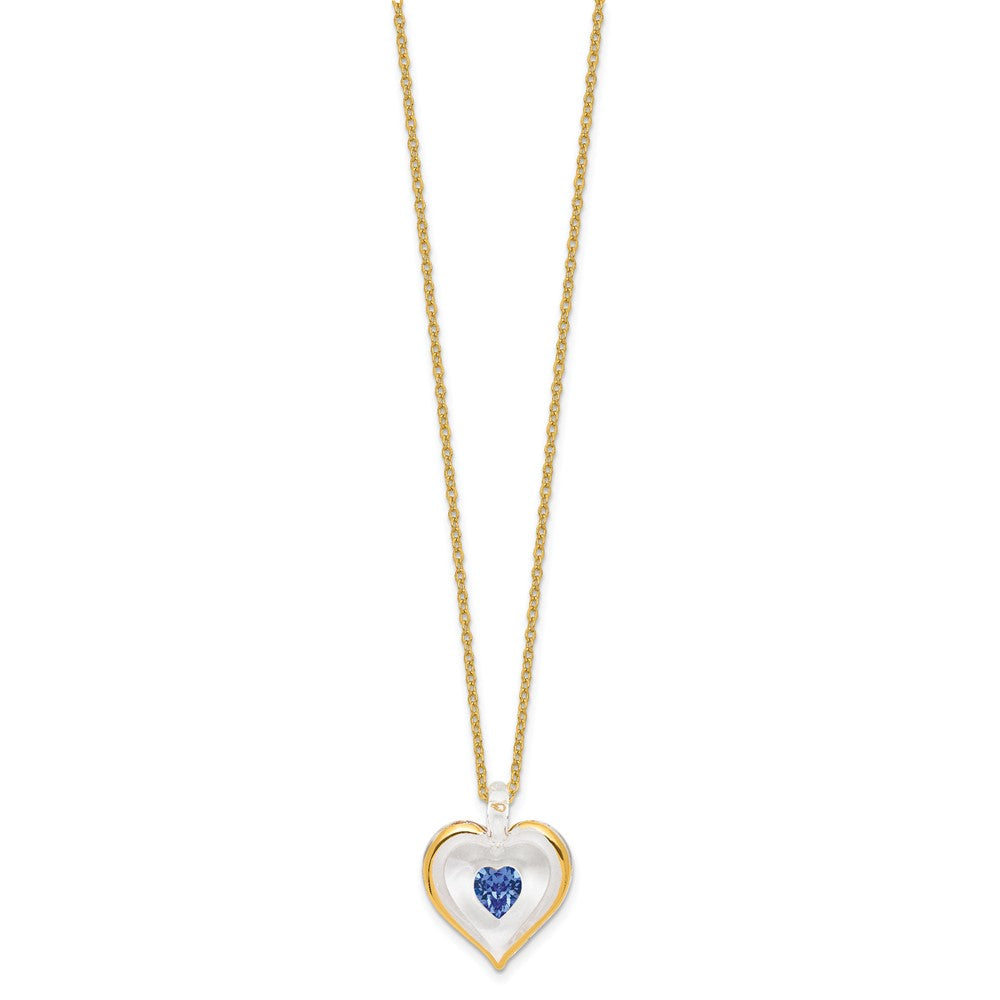 Glass Baron 22K Accent Gilding Gold-trim Glass with Blue September Birthstone Crystal from Swarovski Heart 18 inch Gold-tone Necklace QGM9408