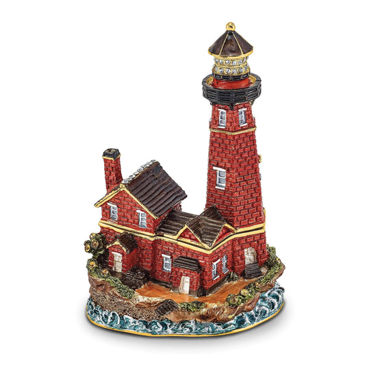 Luxury Giftware Pewter Bejeweled Crystals Gold-tone Enameled BEACON Red Brick Lighthouse Trinket Box with Matching 18 Inch Necklace Q-BJ4091