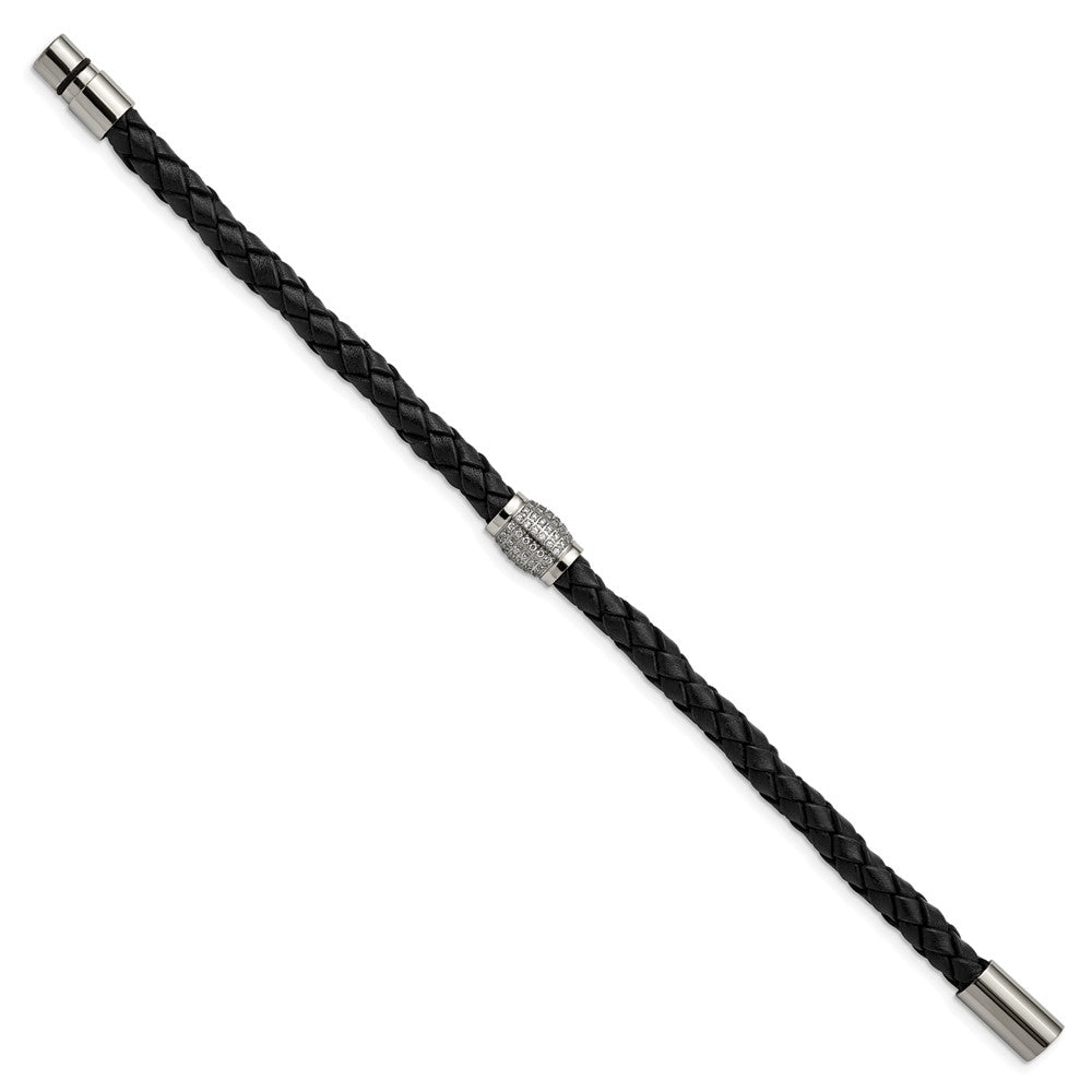 Titanium Polished w/CZ Black Leather Bracelet 7.25 inches