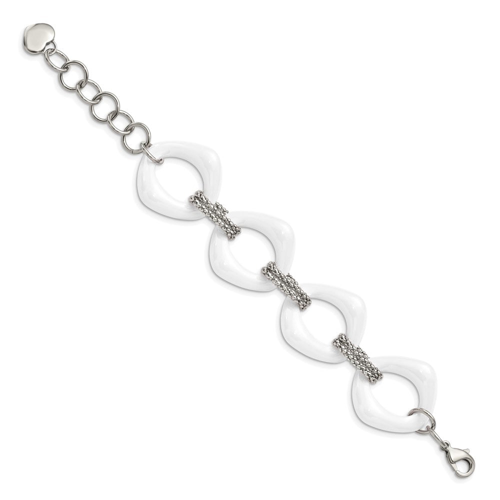 Stainless Steel Polished w/White Ceramic 8in Bracelet 8 inches