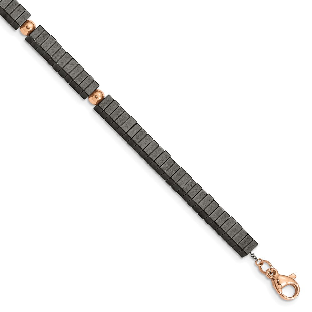 Stainless Steel Polished Rose IP w/Hematite 7in w/1.25in ext. Bracelet 7 inches