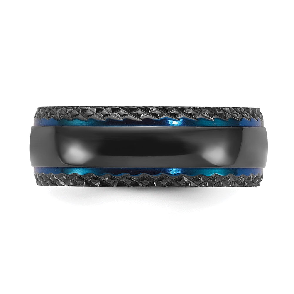 Chisel Black Zirconium Polished Blue IP-plated with Textured Edge 8mm Band Size - 10