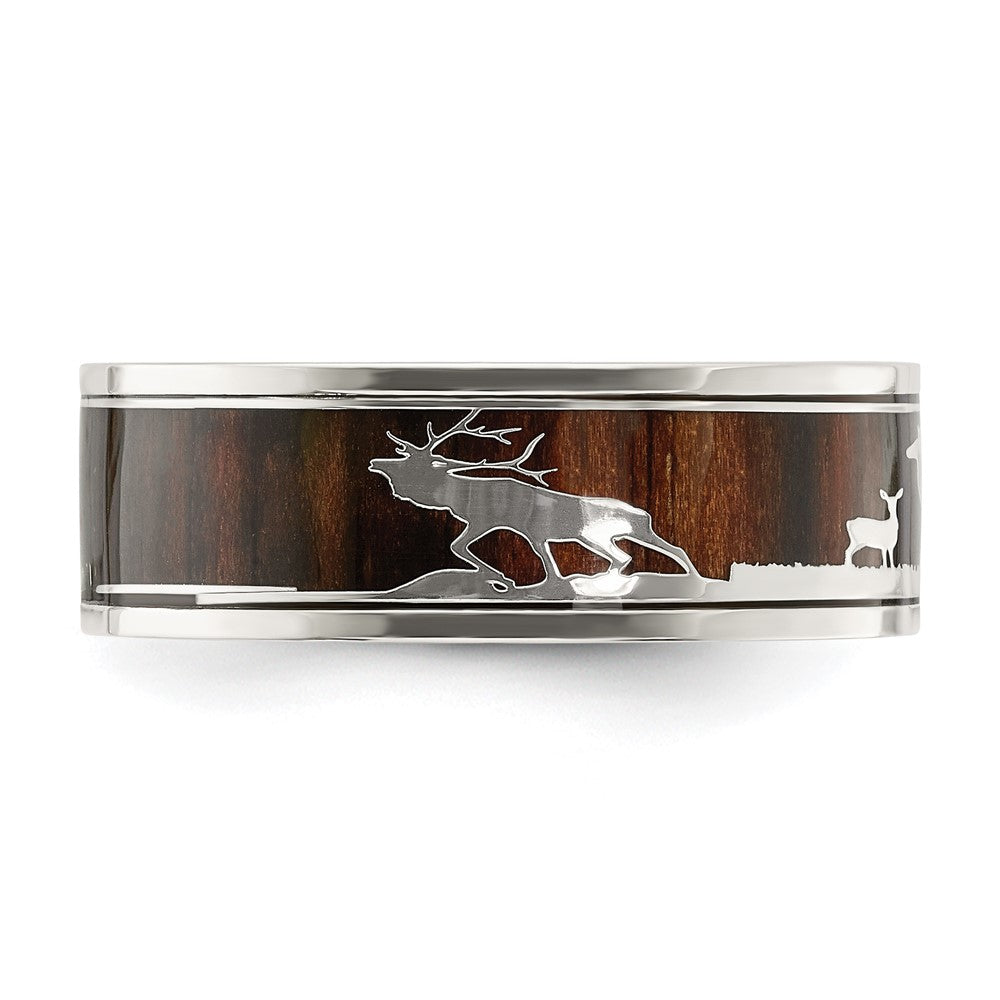 Stainless Steel Polished with Wood Inlay Deer Design 8mm Band Size - 10.5
