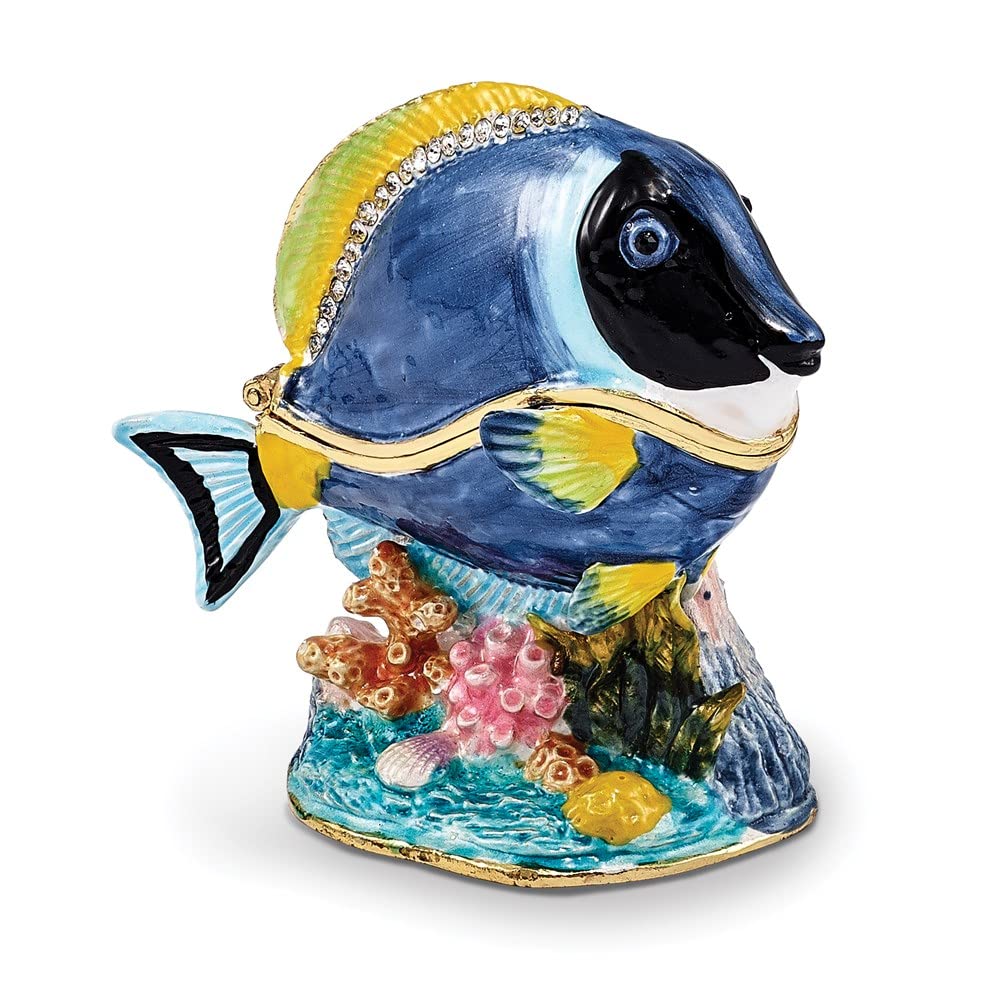 Luxury Giftware by Jere Pewter Bejeweled Crystals Gold-tone Enameled BLAKE Blue Tang Fish Trinket Box with Matching 18 Inch Necklace QBJ3058