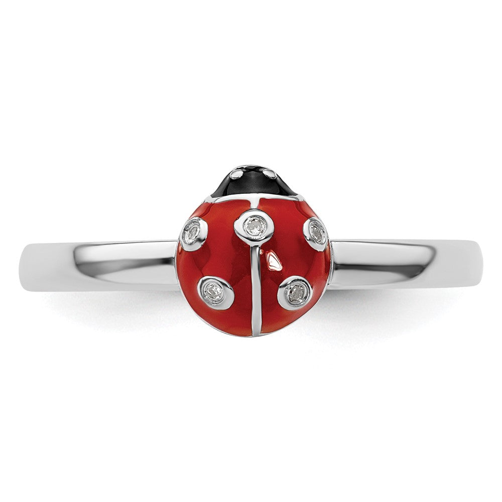 Sterling Silver Stackable Expressions Red /Blk Enamel Ladybug w/Diamond Rin Size -8