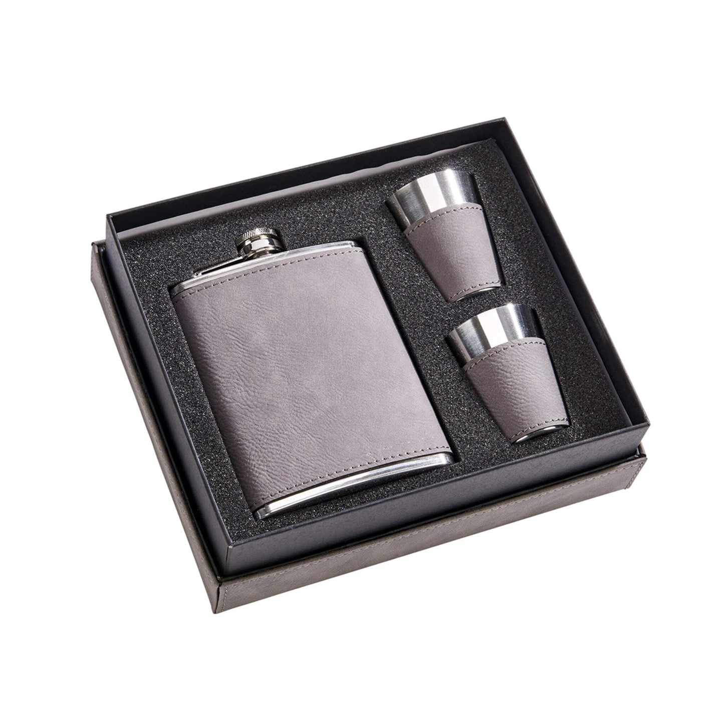 CGI Leatherette Box with 8 oz Flask and 2 Cups Grey..