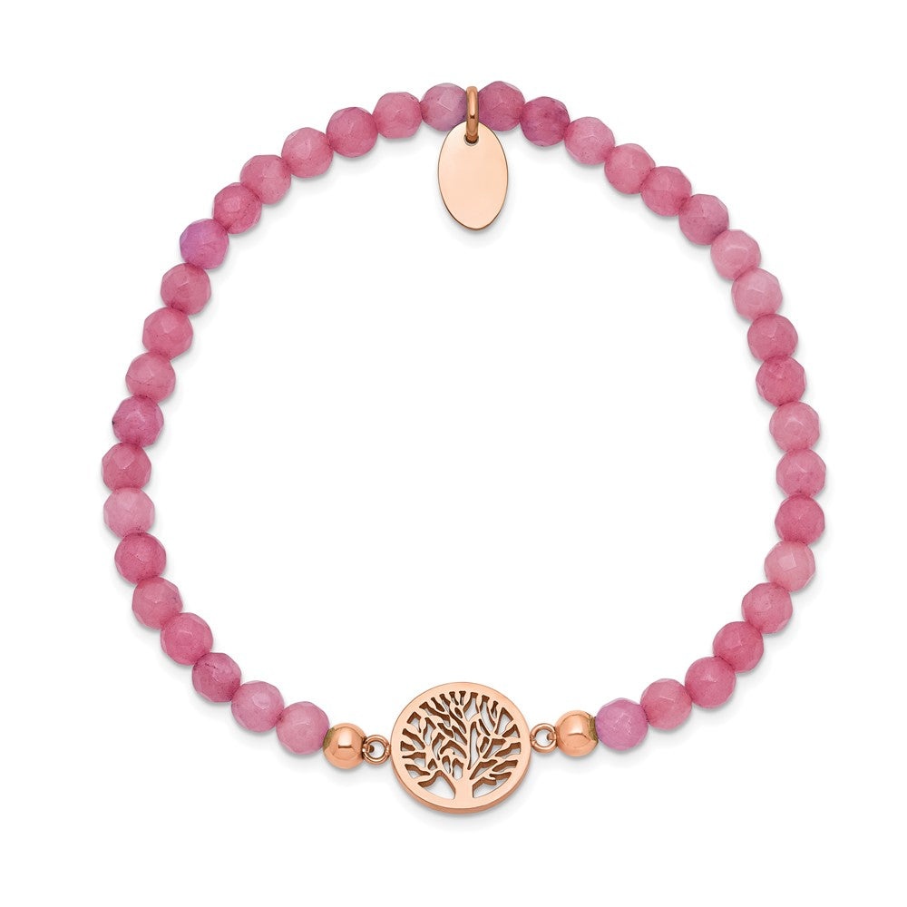 Stainless Steel Polished Rose IP Tree of Life Red Jade Stretch Bracelet 6.25 inches