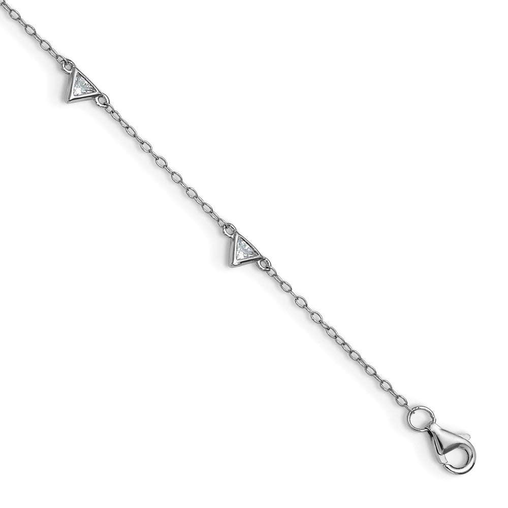 Cheryl M Sterling Silver Rhodium-plated Polished Trillion-cut CZ 9.5 Inch with 1 Inch Extension Anklet 9.5 inches