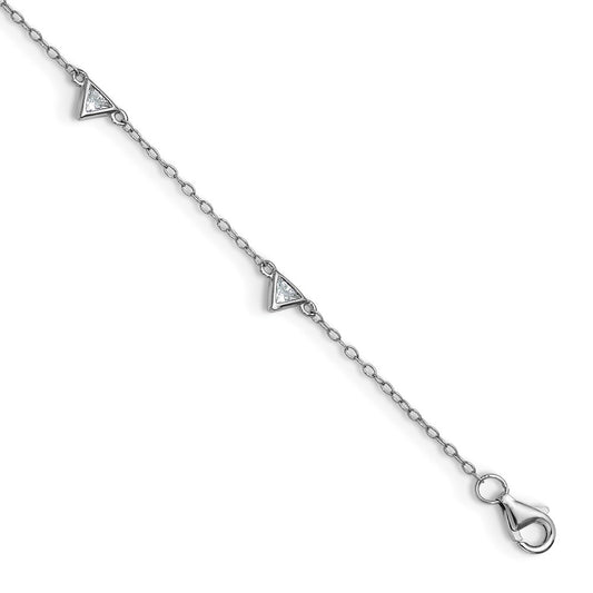 Cheryl M Sterling Silver Rhodium-plated Polished Trillion-cut CZ 9.5 Inch with 1 Inch Extension Anklet 9.5 inches