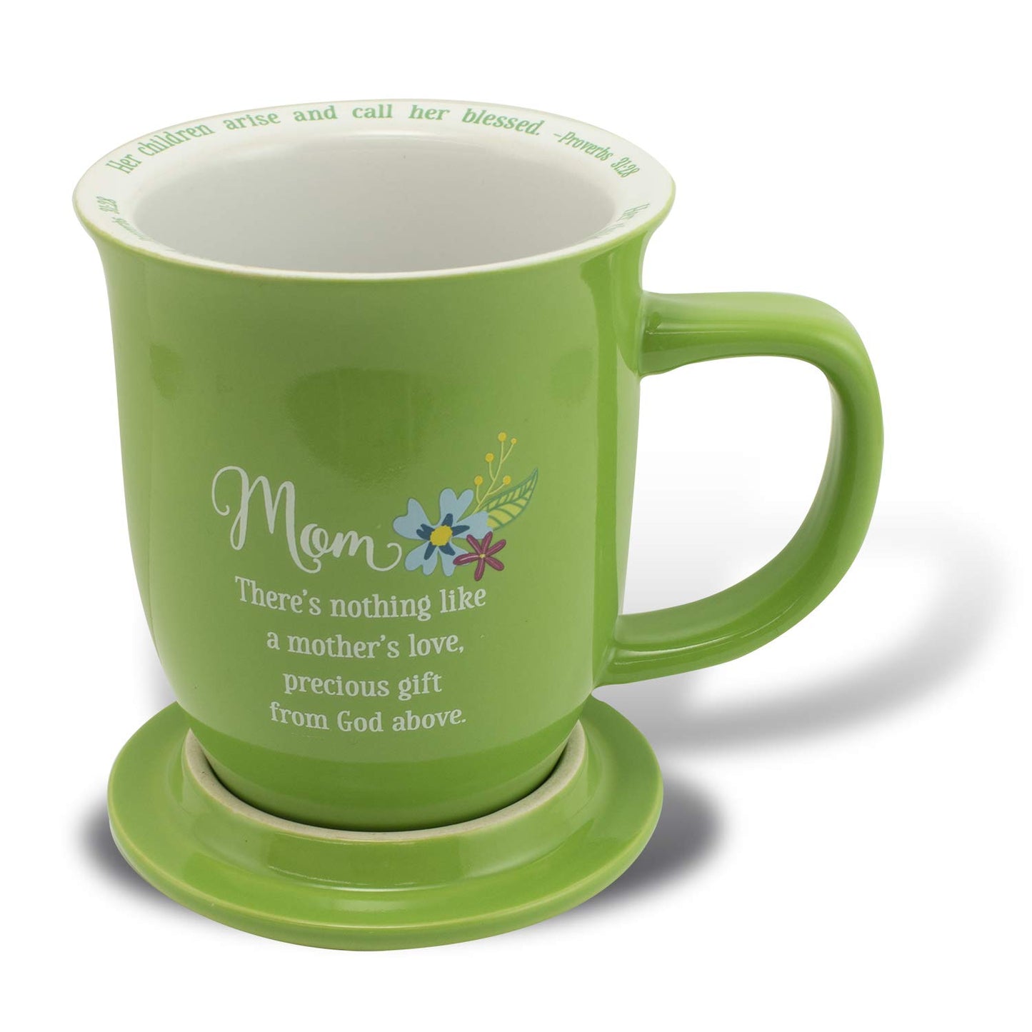 CA Gift 165783 14 oz Grace Outpoured Mom with Coaster & Lid Mug, Green & White
