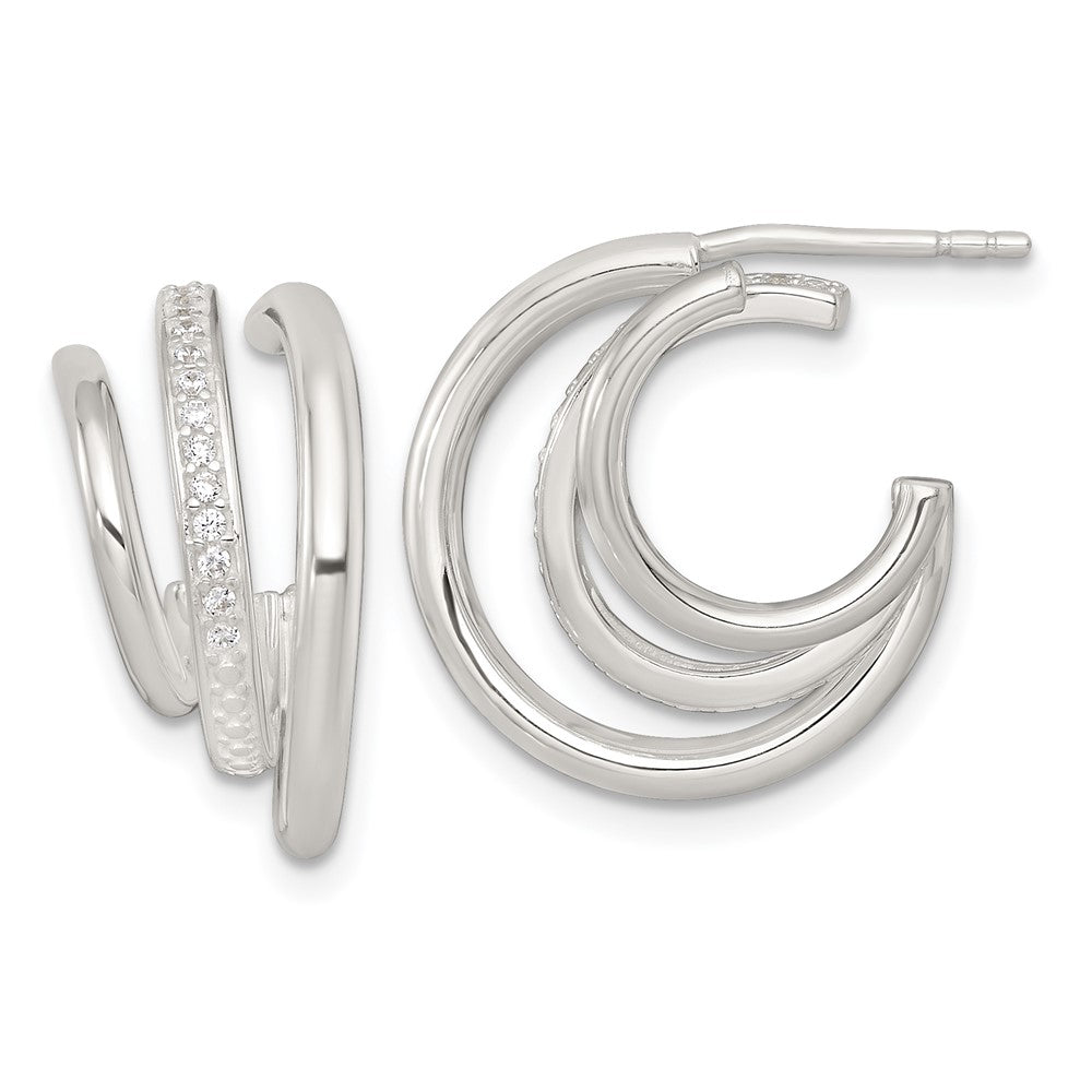 Sterling Silver Polished CZ 3-Row C-Hoop Post Earrings