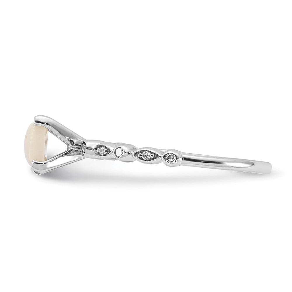 Sterling Silver Polished 6mm White Opal and Diamond Ring