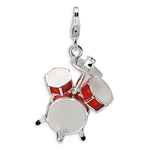 Amore La Vita Sterling Silver Rhodium-plated Polished 3-D Enameled Drum Set Charm with Fancy Lobster Clasp