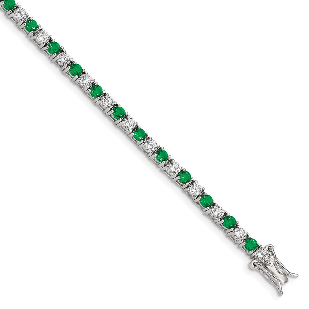 Sterling Silver Rhodium-plated Green Glass and CZ  7 inch Bracelet 7 inches