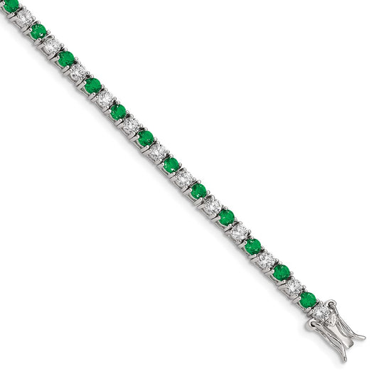 Sterling Silver Rhodium-plated Green Glass and CZ  7 inch Bracelet 7 inches