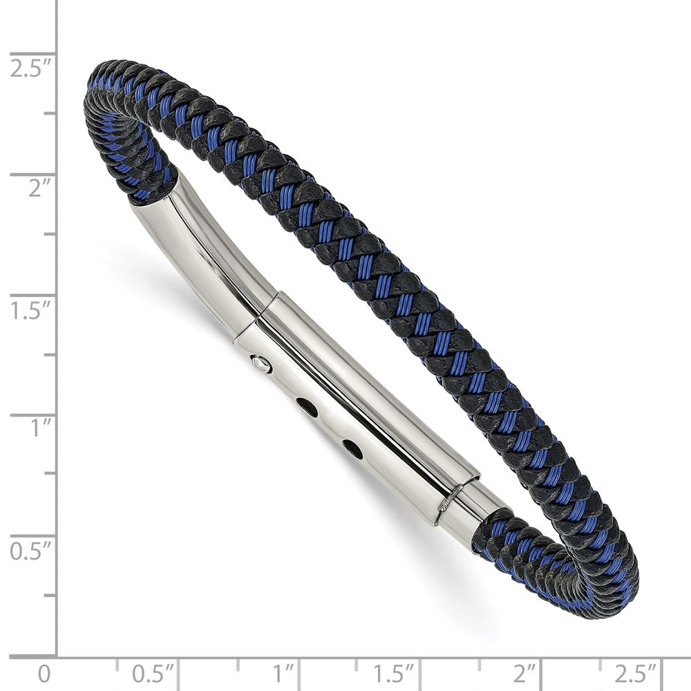 Stainless Steel Polished Blue Wire & Black PU Adjst 7.75 to 8.25in Bracelet 8.25 inches