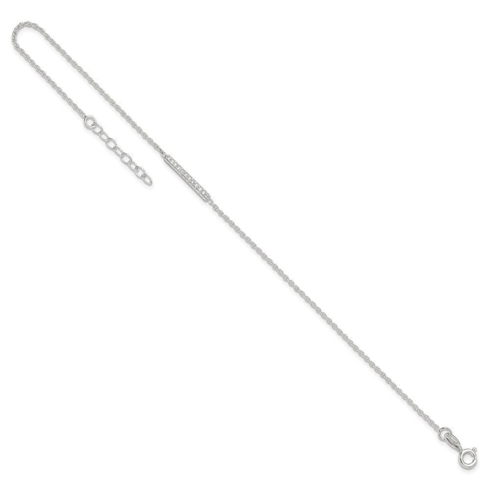 Sterling Silver Polished CZ Bar 9in Plus 1in Ext. Anklet 9 inches