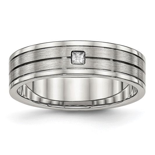 Stainless Steel Polished w/Brushed Center CZ 6mm Grooved Band Size - 6.5