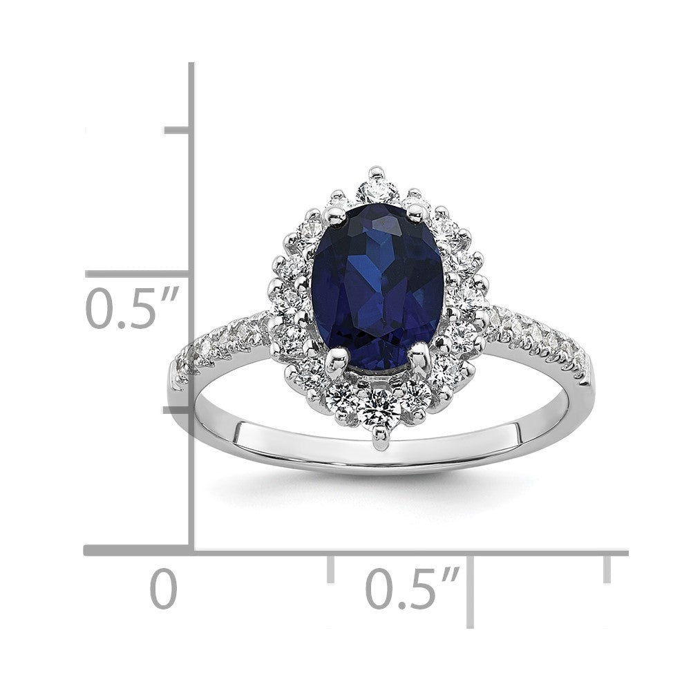 Sterling Silver Rhodium-plated Polished Lab Created Sapphire and CZ Oval Halo Size 6 Ring