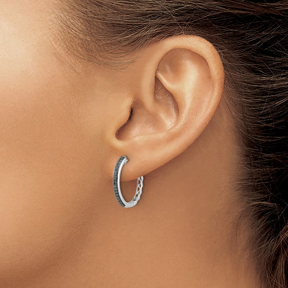 14k White Gold Black Diamond 2mm Hinged Hoop Earrings