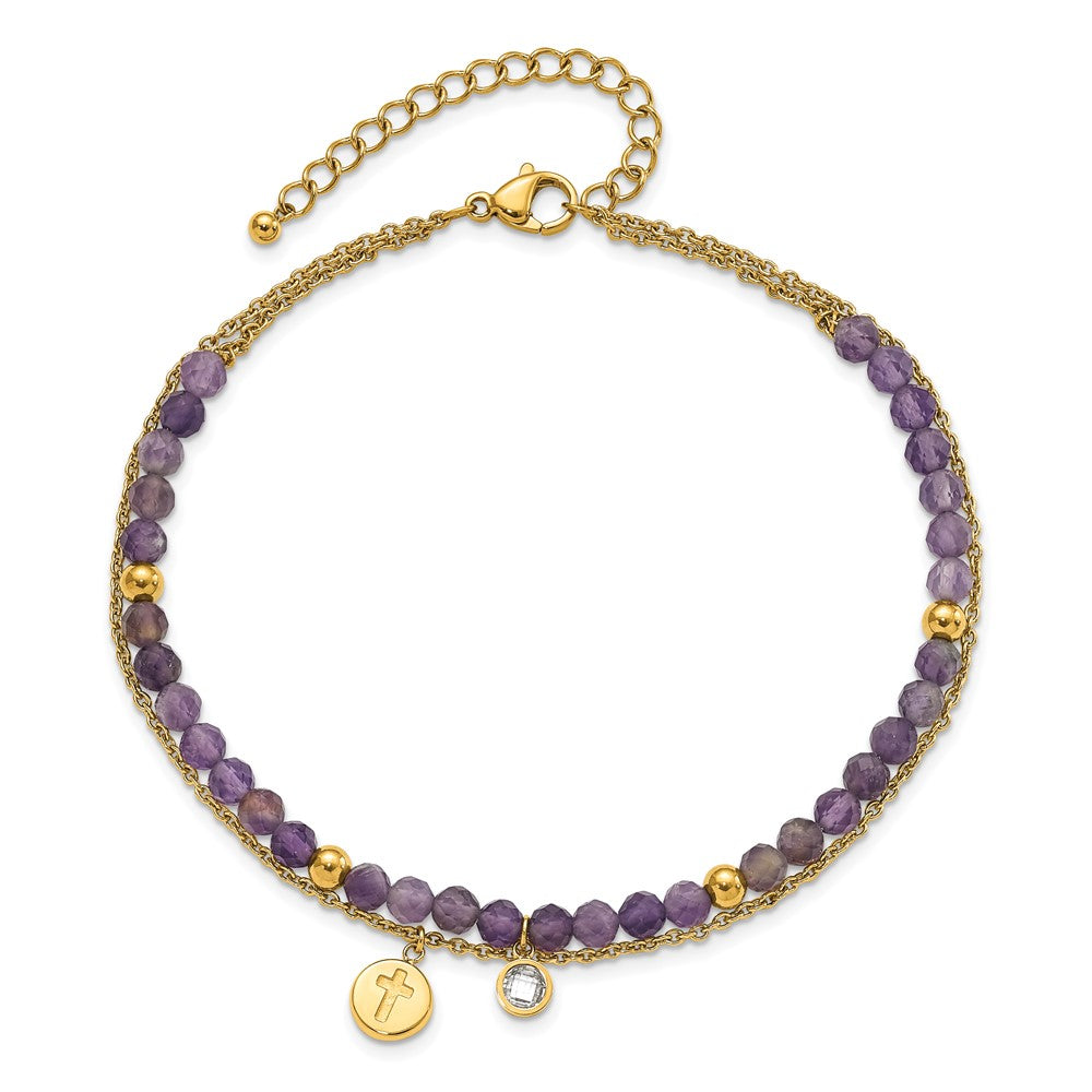 Stainless Steel Polished Yellow IP Amethyst/Crystal 9in Plus 2in ext Anklet