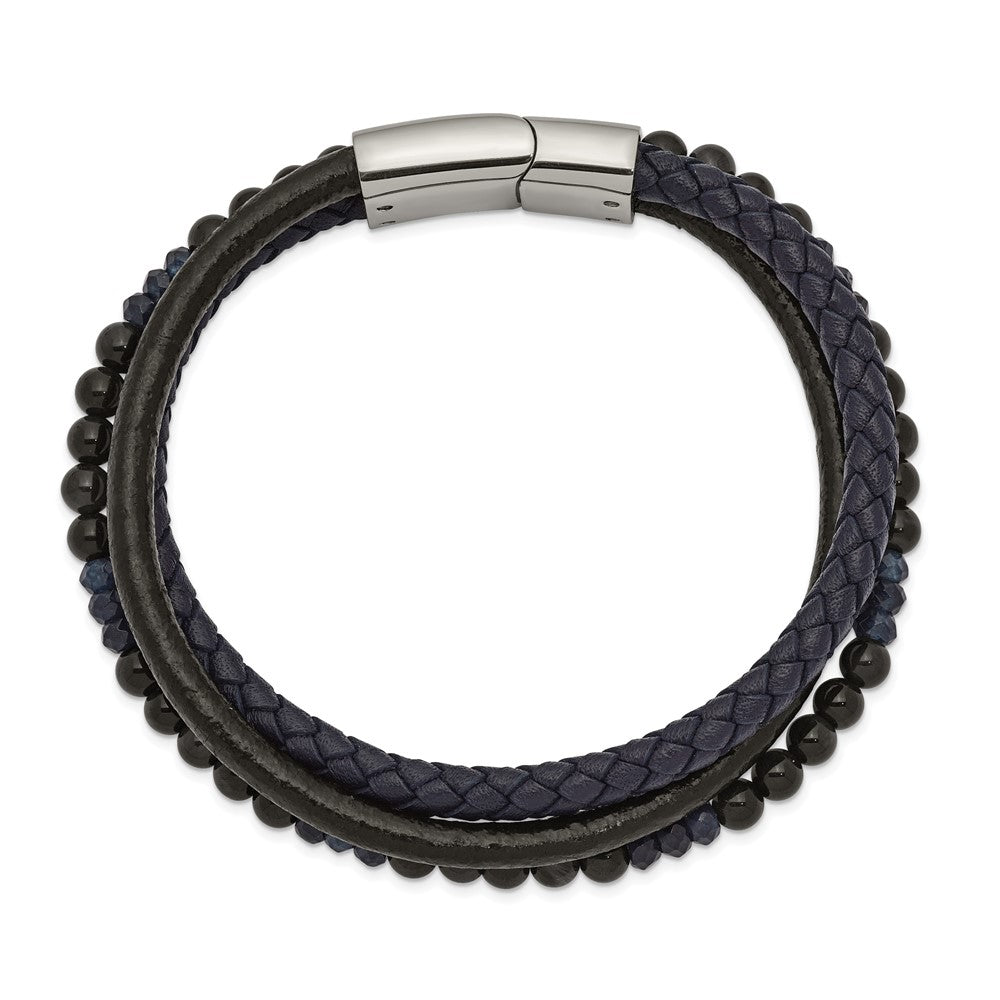 Stainless Steel Polished with Blue Chalcedony/Tiger's Eye Leather Bracelet 8.25 inches