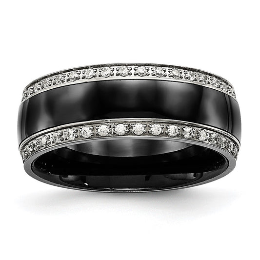 Stainless Steel Polished Black Ceramic CZ Ring Size - 9
