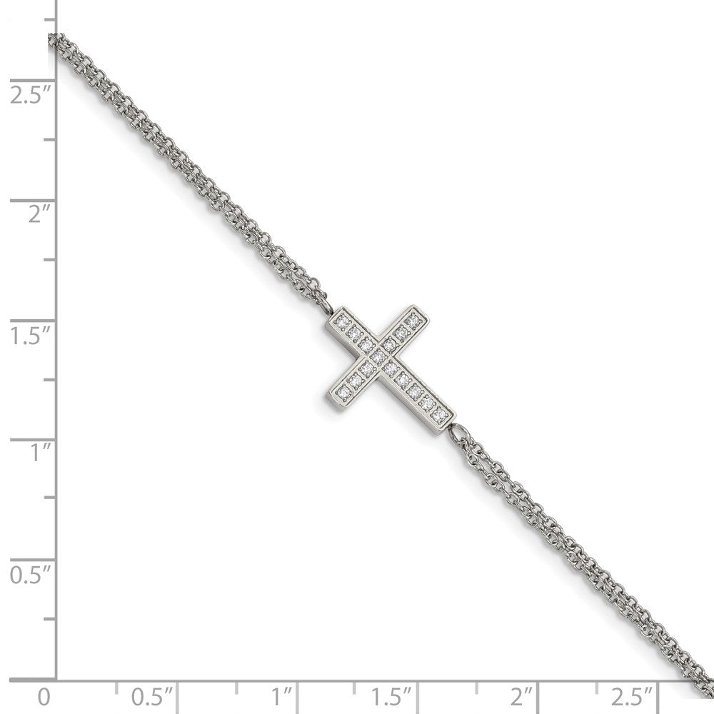 Stainless Steel Polished w/CZ Cross 6.25in w/2in ext. Bracelet 6.25 inches