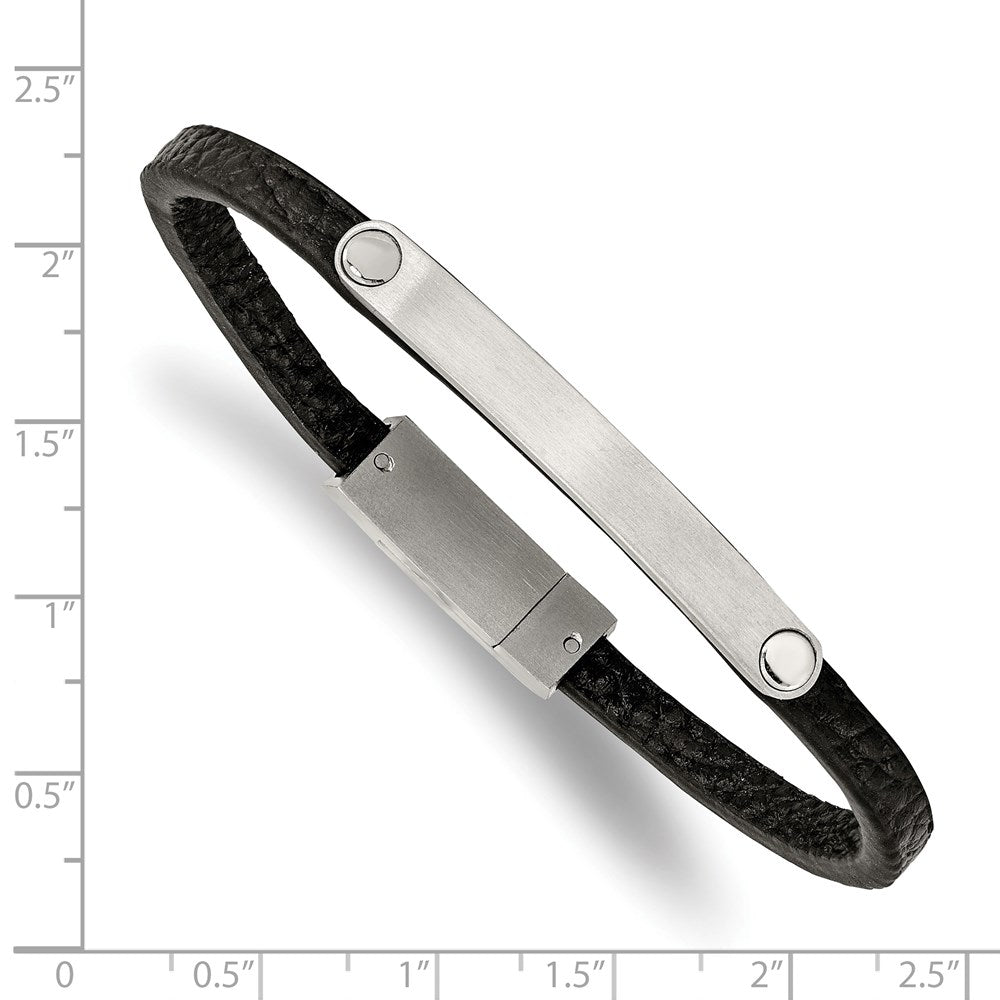Stainless Steel Brushed Black Leather 8.25in ID Bracelet 8.25 inches
