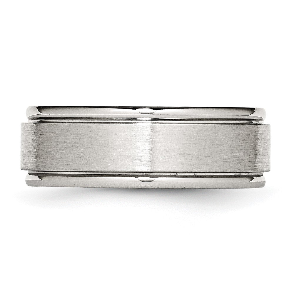 Stainless Steel Polished w/Brushed Center 8mm Ridged Edge Band Size - 12.5
