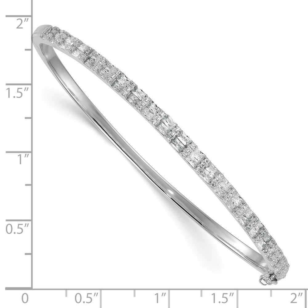 Sterling Silver Rhodium-plated Polished Round and Emerald-shape CZ Fancy Hinged Bangle