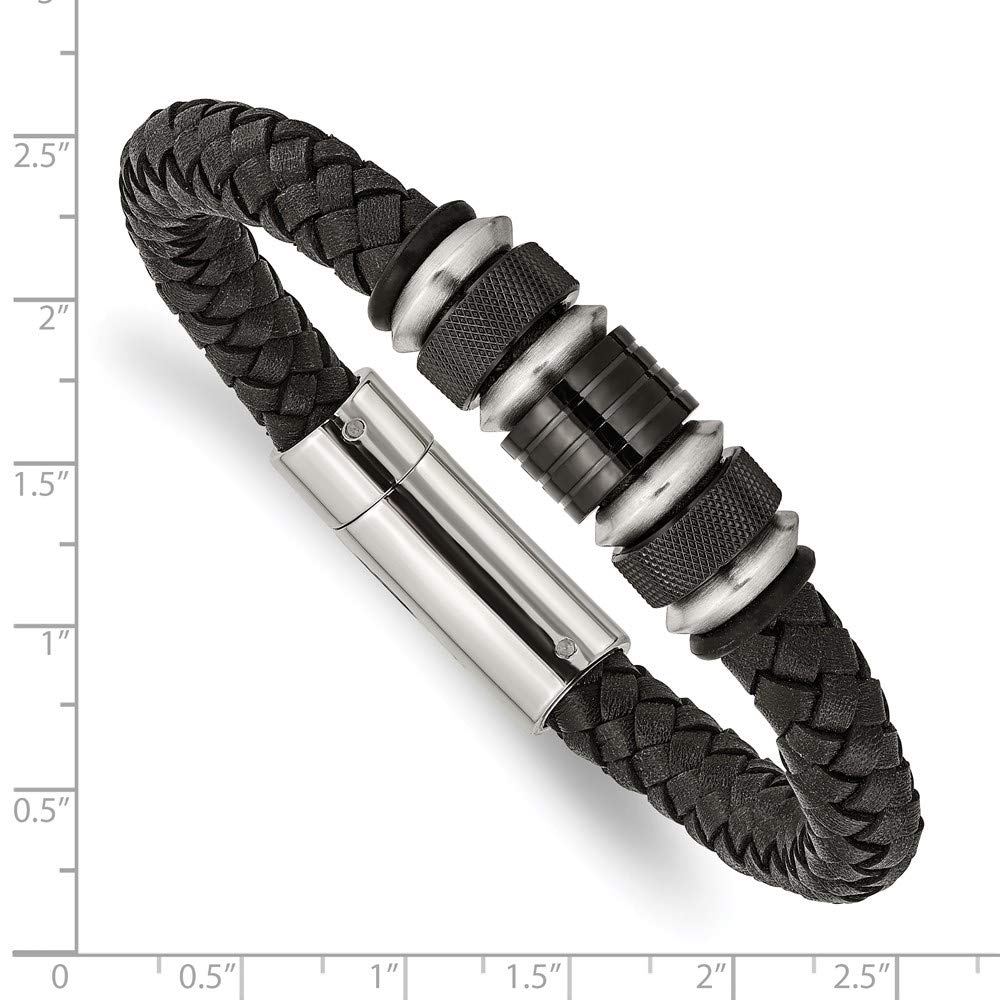 Stainless Steel Brushed & Polished Black IP Leather & Rubber Bracelet 8.5 inches