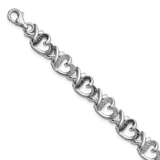 White Night Sterling Silver Rhodium-plated Black and White Diamond Heart 7.5 Inch Bracelet 7.5 inches