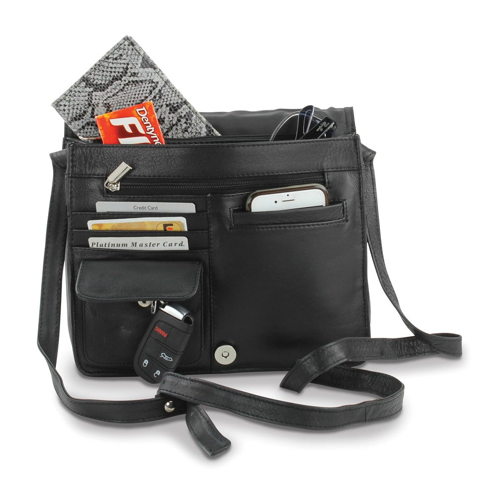 Black Leather Medium Organizer Crossbody Bag with Adjustable Strap and Phone Pockets