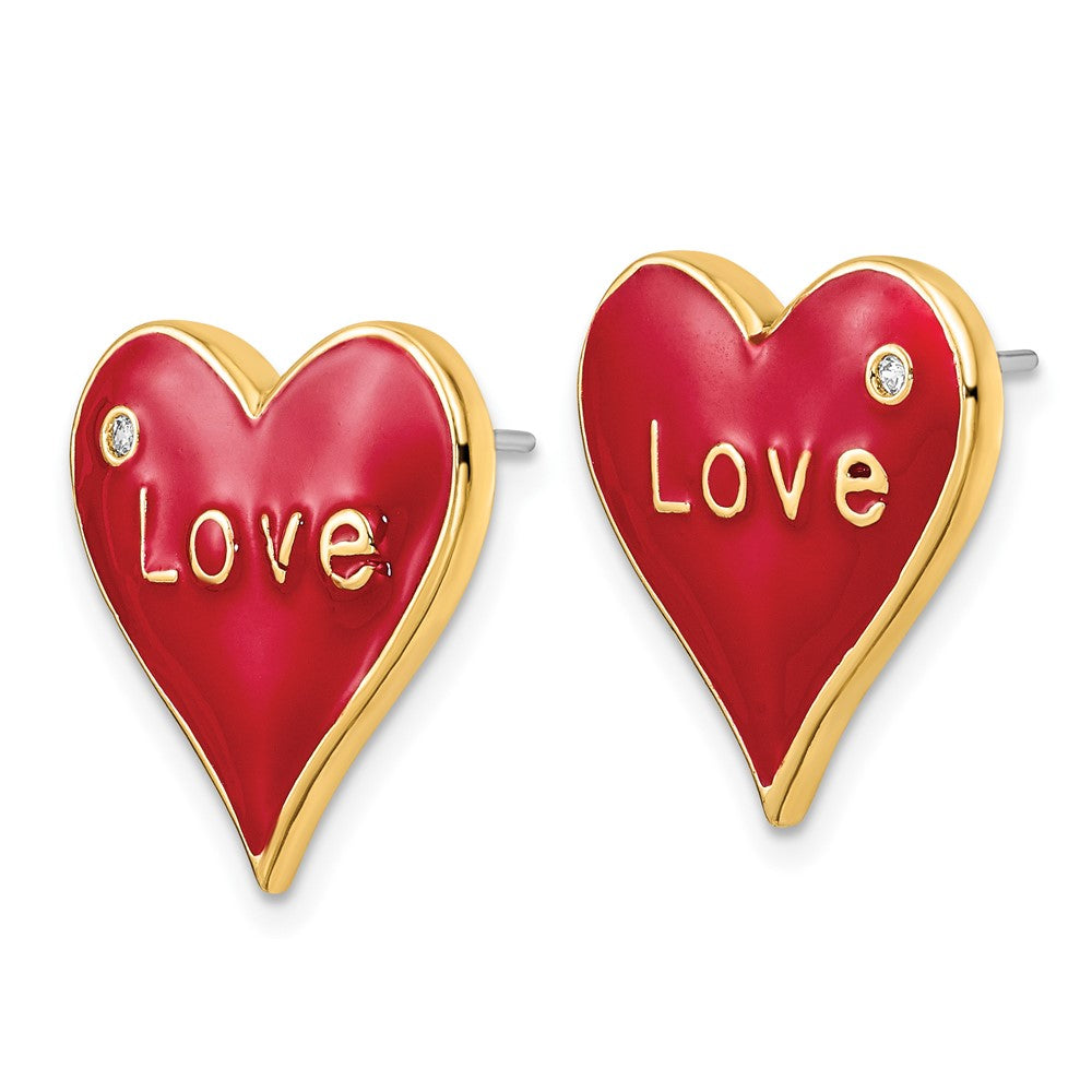 Brass Polished Red Enamel CZ Love Heart Post Earrings