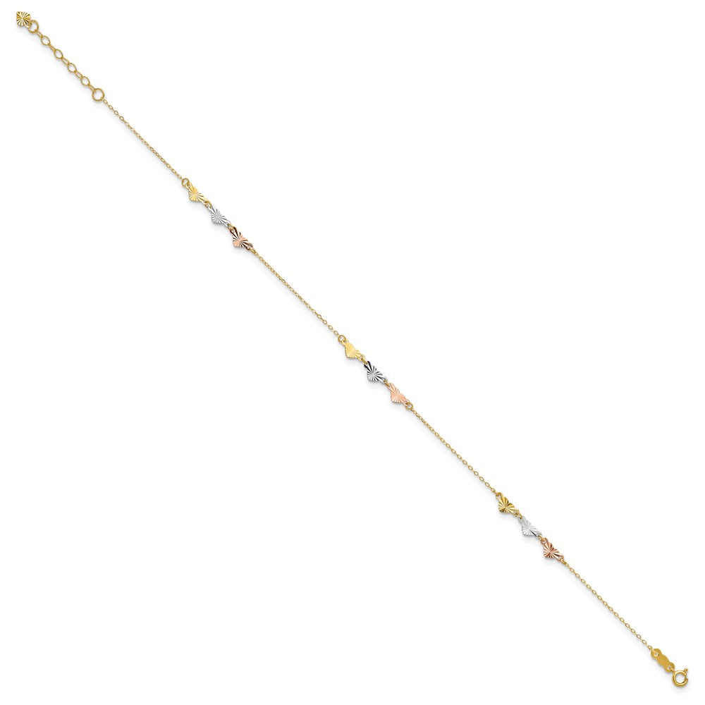 14K Tri-Color Diamond-cut Hearts 9in Plus 1in ext  Anklet 9 inches