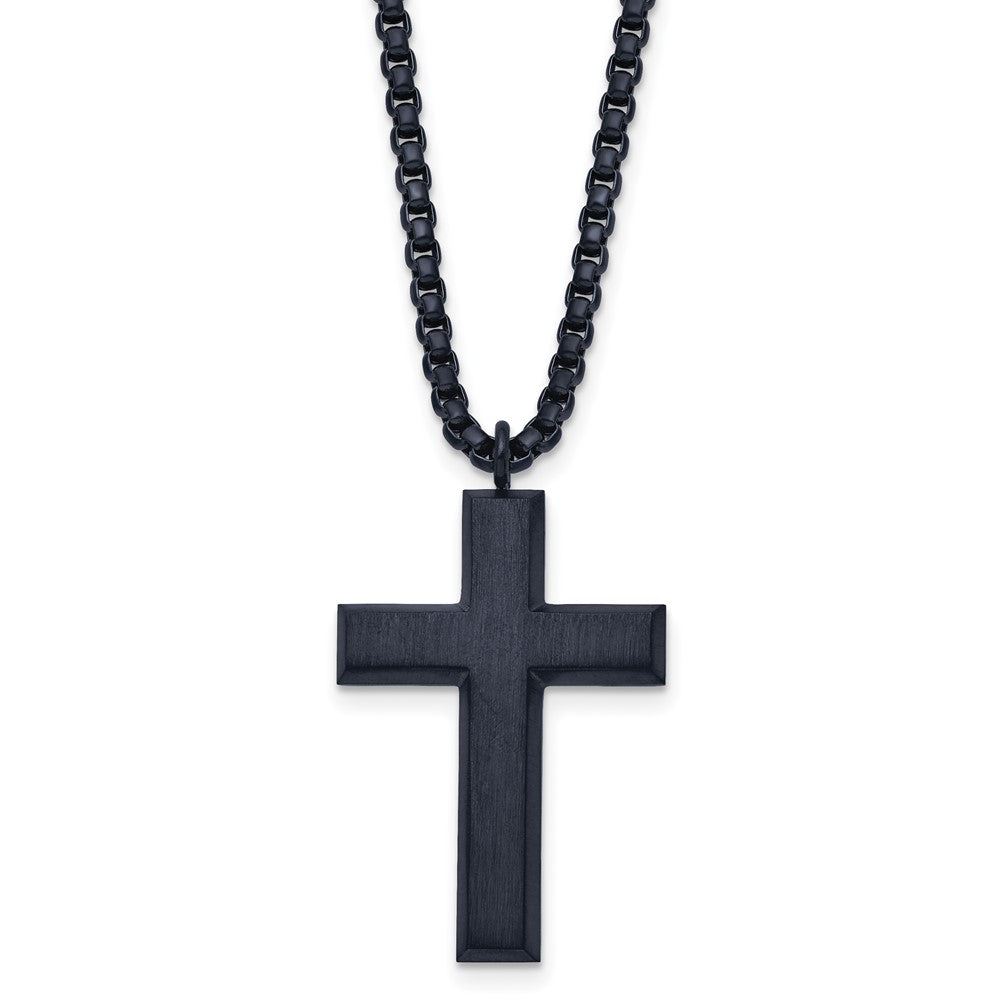 Stainless Steel Brushed and Polished Blue/Grey IP-plated Cross Necklace
