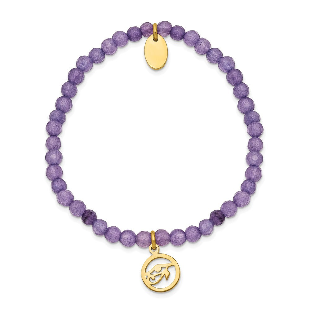 Stainless Steel Polished Yellow IP Eye of Horus Purple Jade Stretch Bracele 6.25 inches