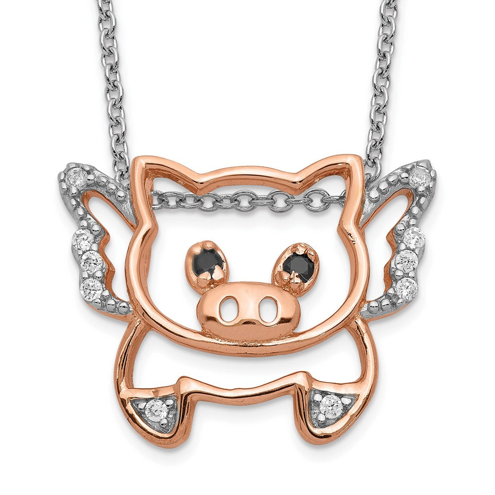 Cheryl M Sterling Silver Rose Gold-plated Brilliant-cut Black Glass and Brilliant-cut White CZ Flying Pig 18 Inch Necklace 18 Inches