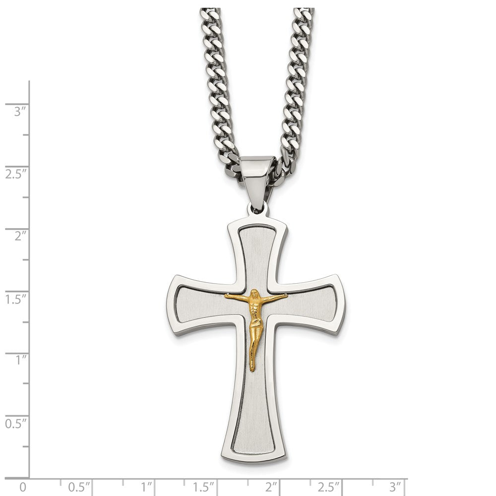 Stainless Steel Brushed & Polished Yellow IP-plated Crucifix Necklace