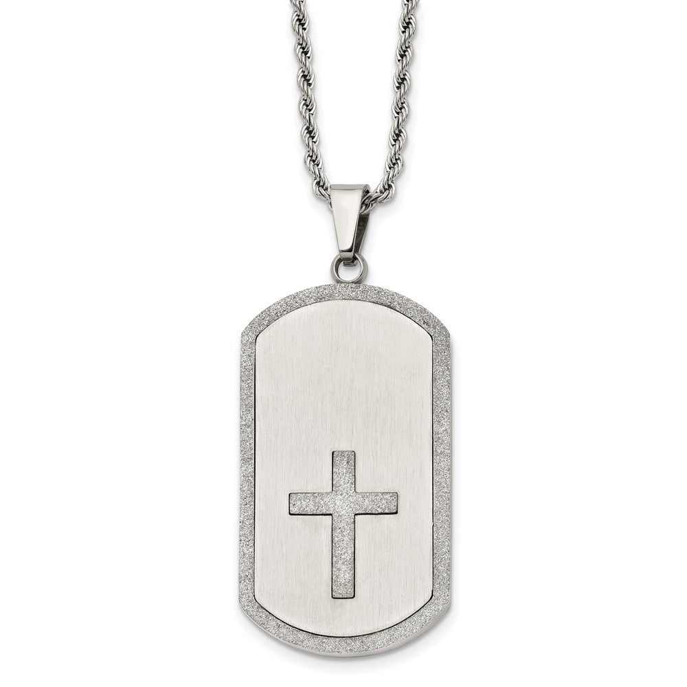 Stainless Steel Brushed Laser Cut Cross Dog Tag 24in Necklace
