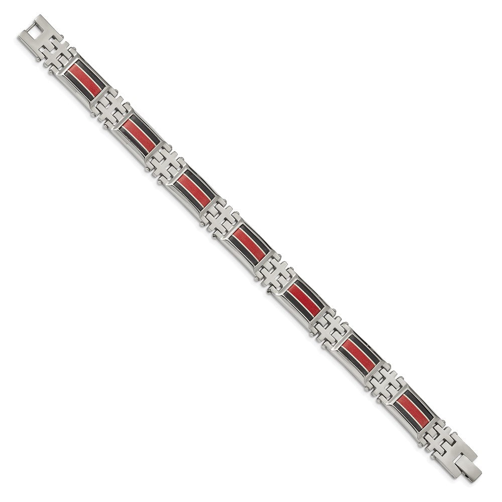 Stainless Steel Polished Black Carbon Fiber/Red Fiber Glass Inlay Bracelet 9.25 inches