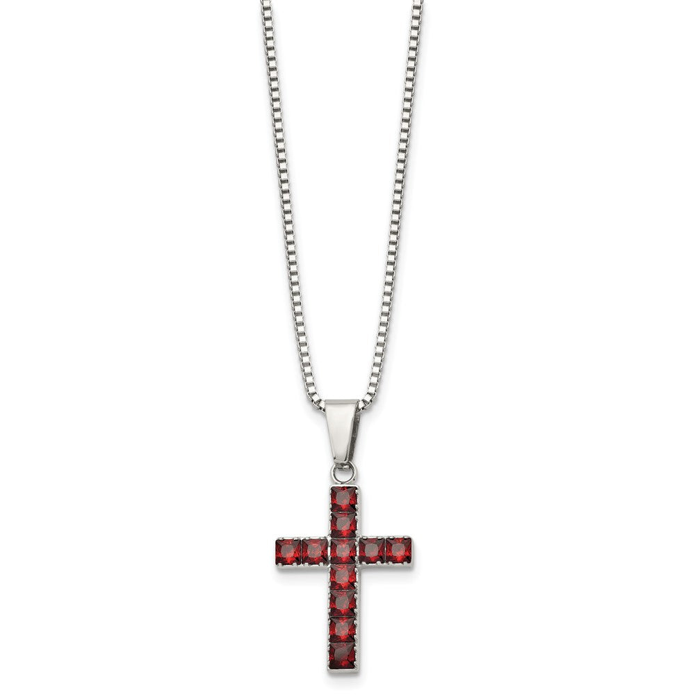 Stainless Steel Polished w/Red Square CZ Cross 18in Necklace