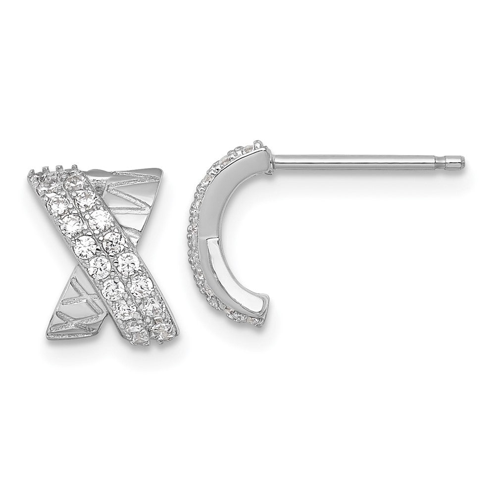 Sterling Silver Rhodium-plated Polished and Grooved -X- CZ Post Earrings