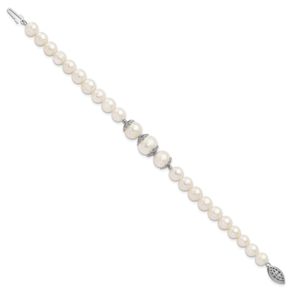 Sterling Silver Rhodium-plated 7-10mm White Near-Round Freshwater Cultured Pearl Fancy 7 inch Bracelet 7 inches