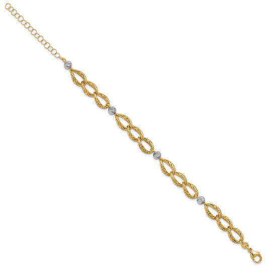 14K Two-tone Polished/Textured/Dia-cut w/2in ext. Bracelet 9  inches