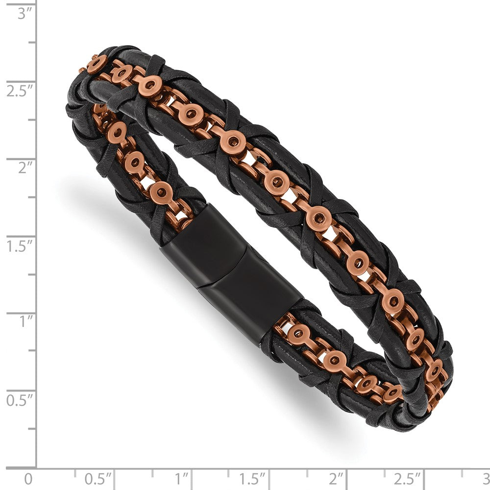 Stainless Steel Antiqued & Polished Rose IP-plated Leather 8.5in Bracelet 8.5 inches
