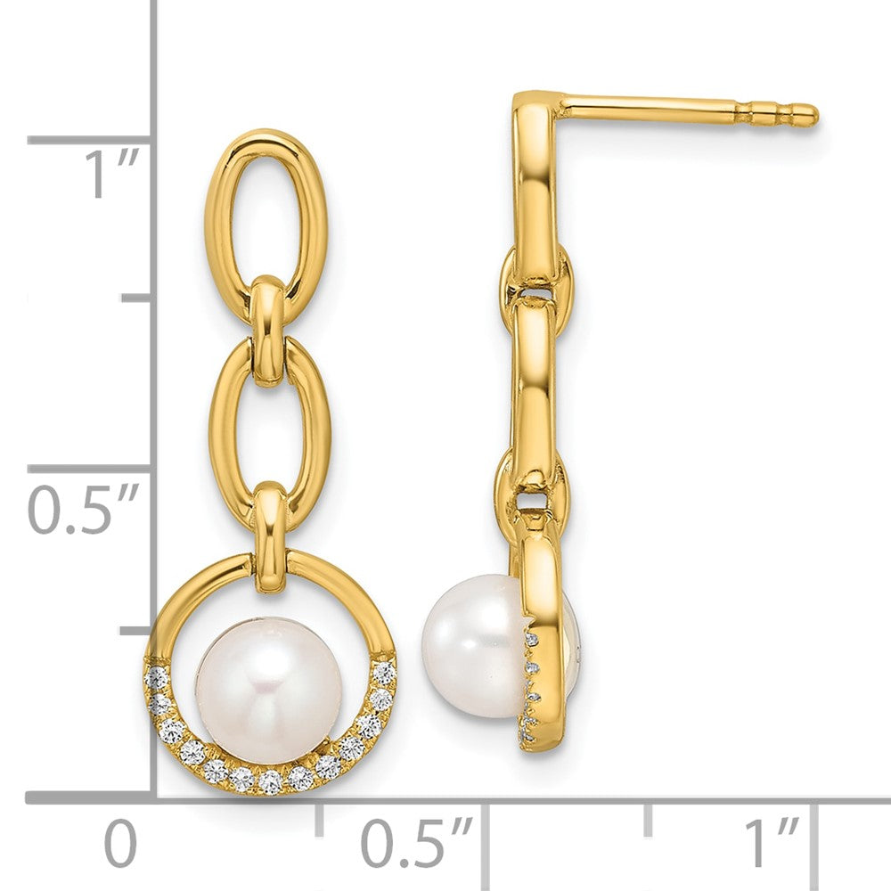 14K Polished Diamond and Pearl Open Circle Dangle Post Earrings